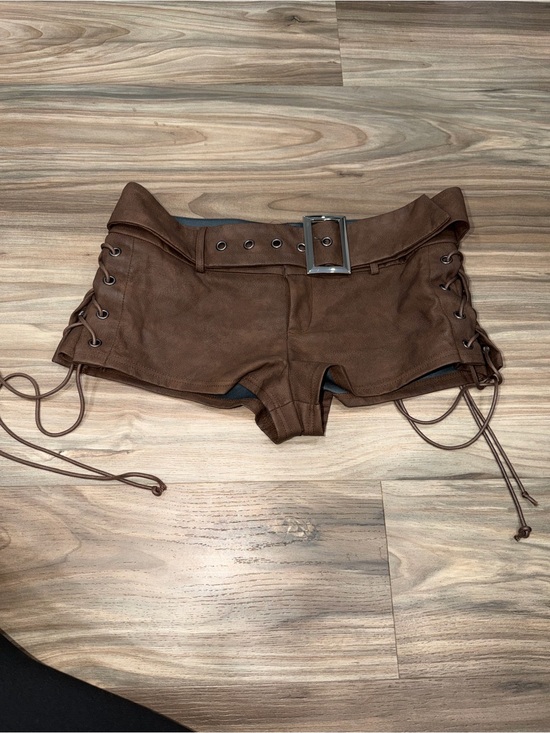 SHEIN Pants - Brown Lace-Up Faux-Suede Low-Rise Belted Bike Shorts